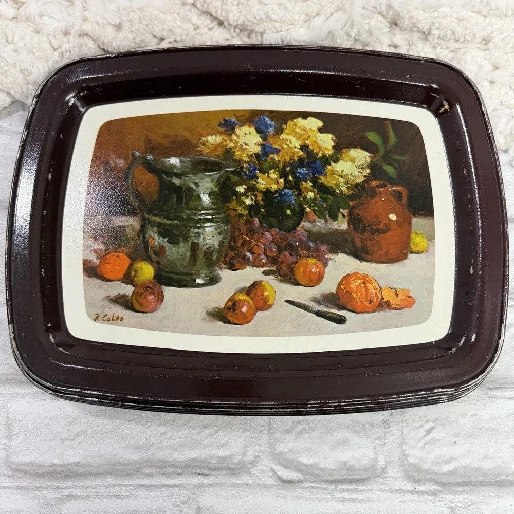 Vtg‎ Metal Autumn TV Food Trays Fruits Flowers  Farmhouse Cottagecore Set Of 8